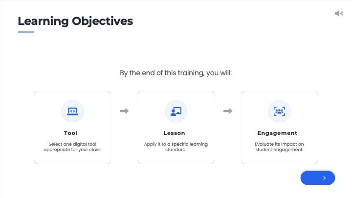 Learning objectives screen showing tool lesson and engagement flow