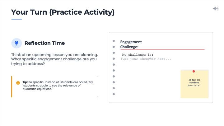 Practice activity screen prompting users to define an engagement challenge