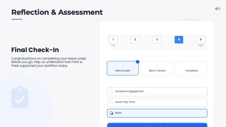 Reflection and assessment screen with rating scale and support options