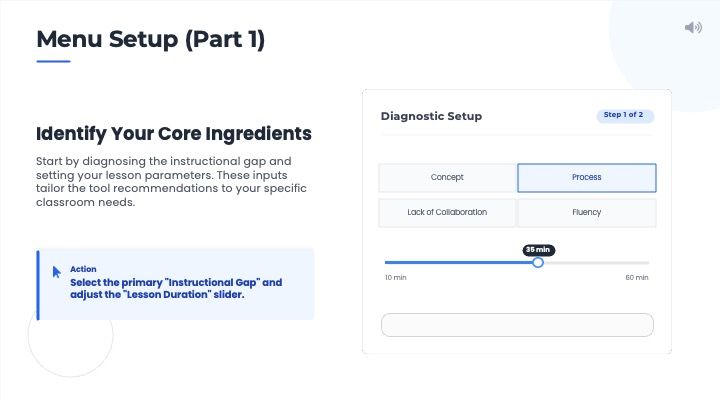 Menu setup part 1 with instructional gap and duration settings