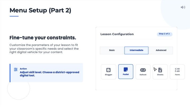 Menu setup part 2 with skill level and digital tool selection